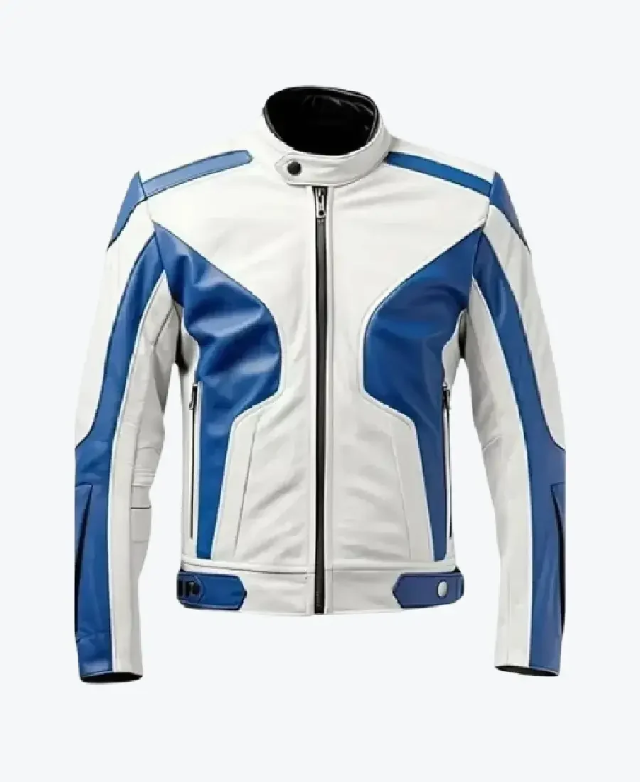 Men's White_Blue Biker Lambskin Leather Jackets Rare Jacket