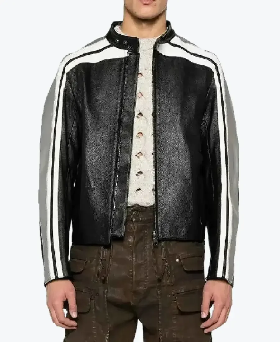 Moschino Strips Detailing Black Leather Biker Jackets Rare Jacket