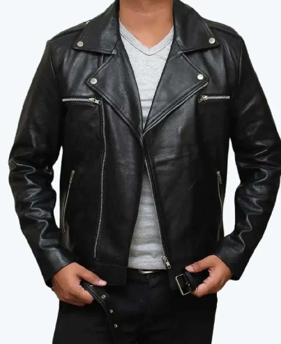 Negan Asymmetrical Black Belted Moto Leather Jackets Rare Jacket