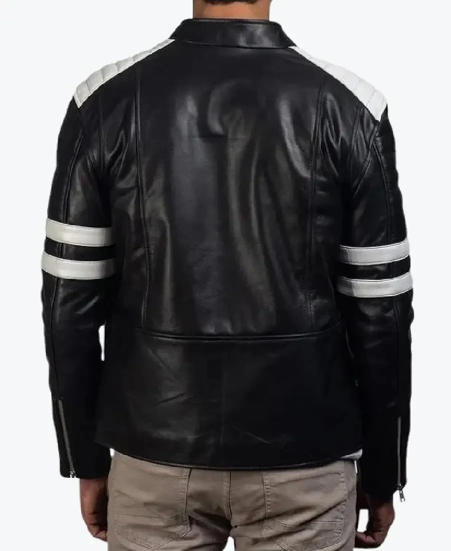 SHop the Brad Black And White Leather Biker Jackets Rare Jacket