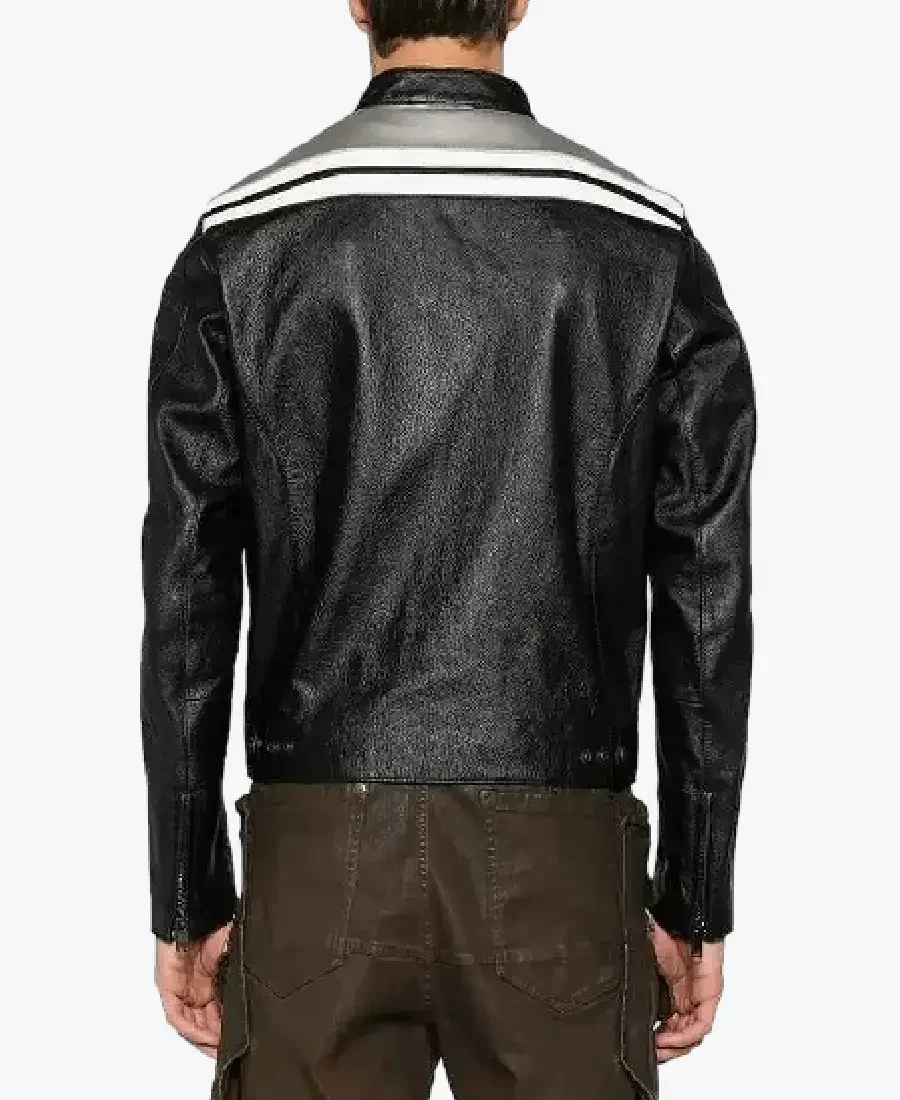 Shop The Moschino Strips Detailing Black Leather Biker Jackets Rare Jacket