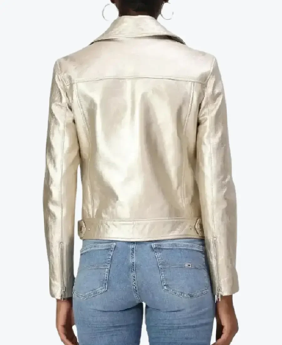 Shop The Women Lapel Light Silver Leather Biker Jackets Rare Jacket
