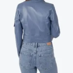 Shop the Women Blue Cropped Biker Leather Jackets Rare Jacket