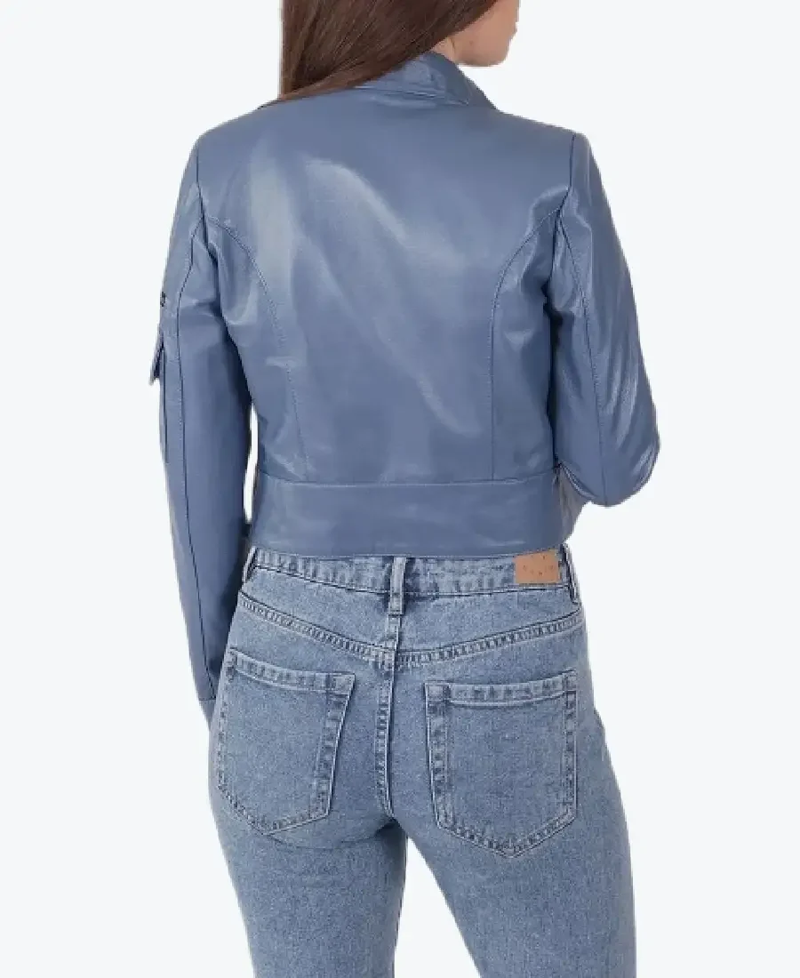 Shop the Women Blue Cropped Biker Leather Jackets Rare Jacket