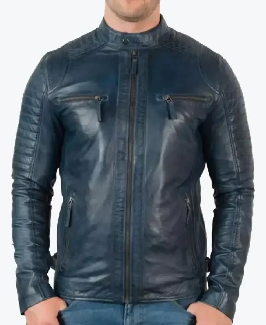 Vintage Cafe Racer Distressed Navy Motorcycle Leather Jackets Rare Jacket