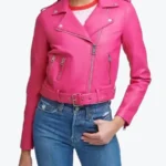 Women Asymmetrical Hot Pink Leather Biker Jackets Rare Jacket