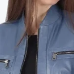 Women Blue Cropped Biker Leather Jacket Collar Rare Jacket