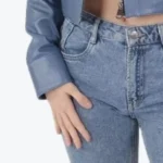 Women Blue Cropped Biker Leather Jacket Sleeves Rare Jacket