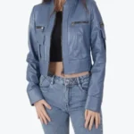 Women Blue Cropped Biker Leather Jackets Rare Jacket