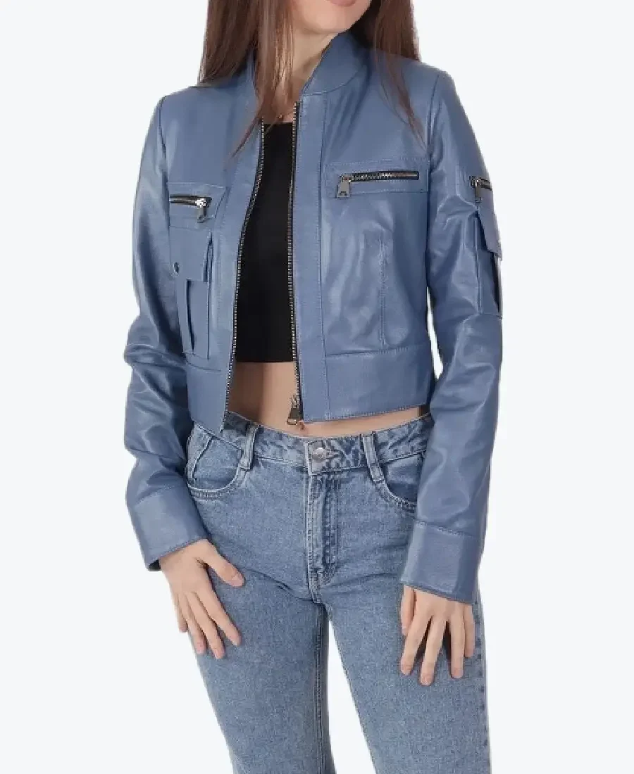 Women Blue Cropped Biker Leather Jackets Rare Jacket
