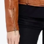 Women Brown Leather Motorcycle Jacket Sleeves Rare Jacket