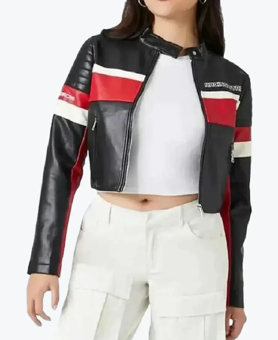 Women Cropped Red And Black Leather Jackets Rare Jacket