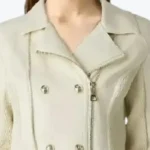 Women Double Breasted Dove White Leather Biker Jacket Collar Rare Jacket