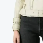 Women Double Breasted Dove White Leather Biker Jacket Sleeves Rare Jacket