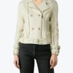 Women Double Breasted Dove White Leather Biker Jackets Rare Jacket