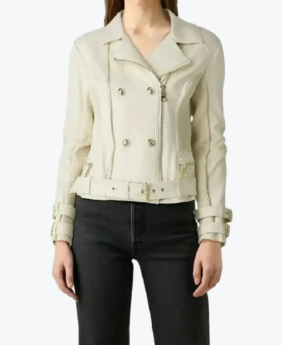 Women Double Breasted Dove White Leather Biker Jackets Rare Jacket