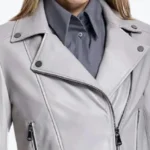 Women Grey Leather Biker Jacket Collar Rare Jacket