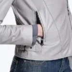 Women Grey Leather Biker Jacket Sleeves Rare Jacket