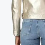 Women Lapel Light Silver Leather Biker Jacket Sleeves Rare Jacket