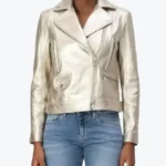 Women Lapel Light Silver Leather Biker Jackets Rare Jacket
