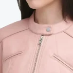 Women Light Pink Cafe Racer Leather Jacket Collar Rare Jacket