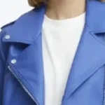 Women Real Lambskin Light Blue Moto Jacket Collar Rare Jacket