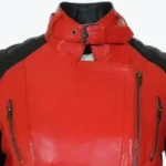 Women Red And Black Leather Biker Jacket Collar Rare Jacket