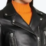 Women Slim Fit Belted Black Motorcycle Jacket Collar Rare Jacket