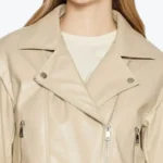 Womens Beige Moto Leather Jacket Collar Rare Jacket