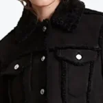 Women’s Black Trucker Shearling Leather Jacket Collar Rare Jacket