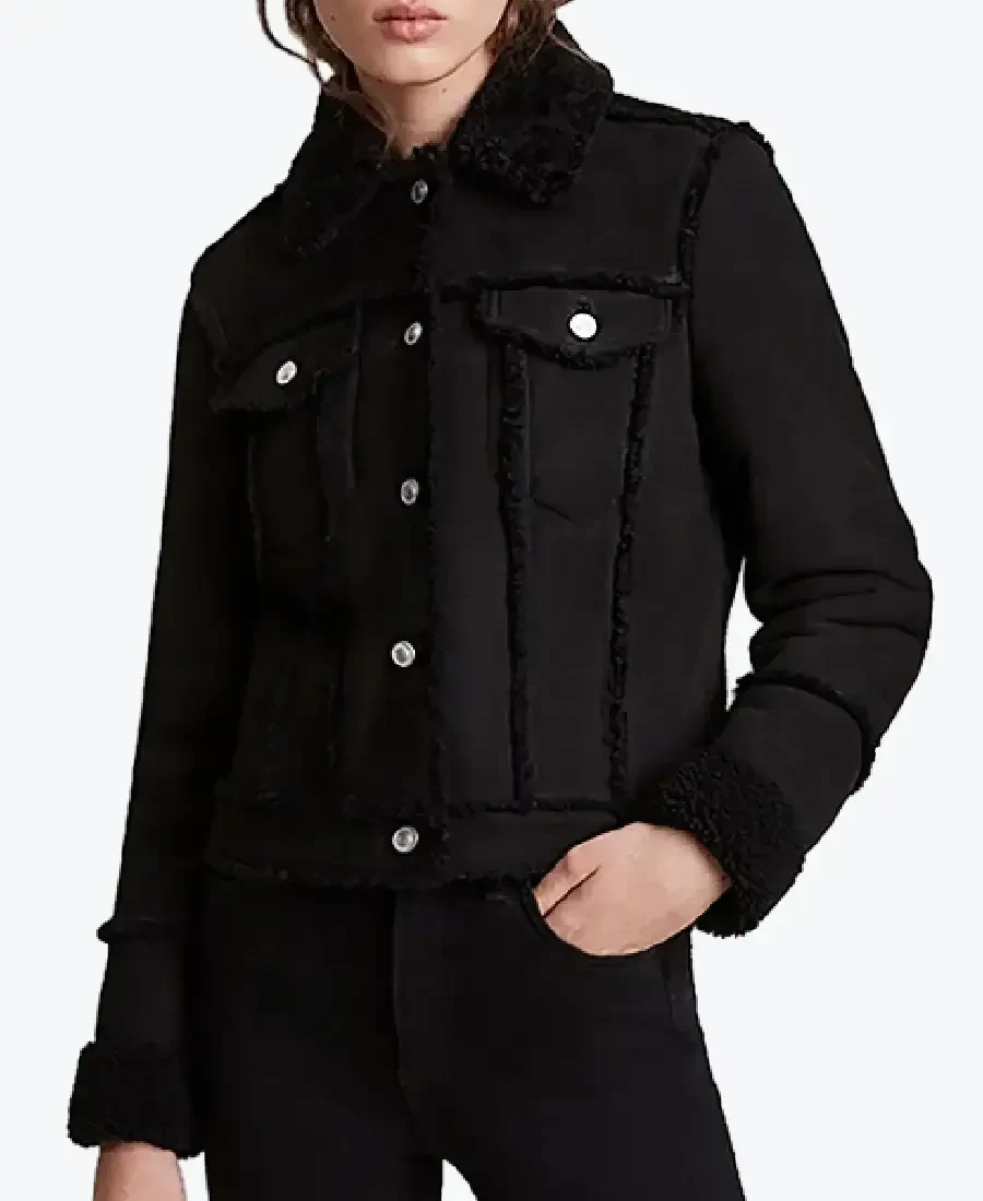 Women’s Black Trucker Shearling Leather Jacket Rare Jacket