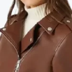 Women’s Brown Cropped Motorcycle Leather Jacket Collar Rare Jacket
