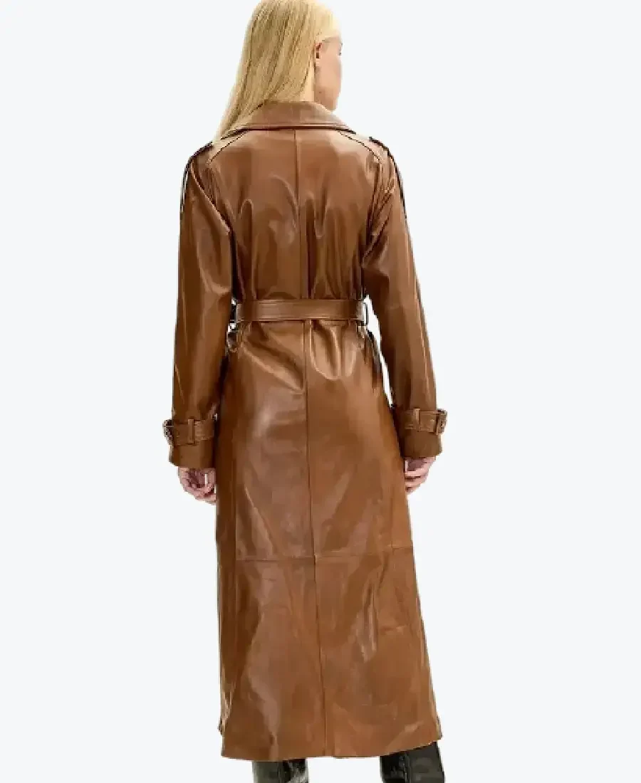 Women's Brown Lambskin Leather Long Trench Coat Back - Rare Jackets