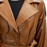 Women's Brown Lambskin Leather Long Trench Coat Side - Rare Jackets