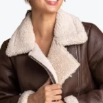 Women's Brown Sherpa Lined Aviator Jacket Collar Rare Jacket