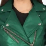 Women’s Emerald Green Leather Biker Jacket Collar Rare Jacket