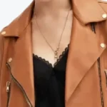 Women’s Mustard Brown Biker Leather Jacket Collar Rare Jacket