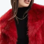 Women’s Selfridge Crop Faux Fur Jacket Red Collar Rare Jacket