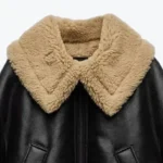 Women's Solid Black Leather Shearling Jacket Collar Rare Jacket