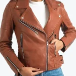 Elaine Women’s Brown Leather Biker Jacket Front - Rare Jackets