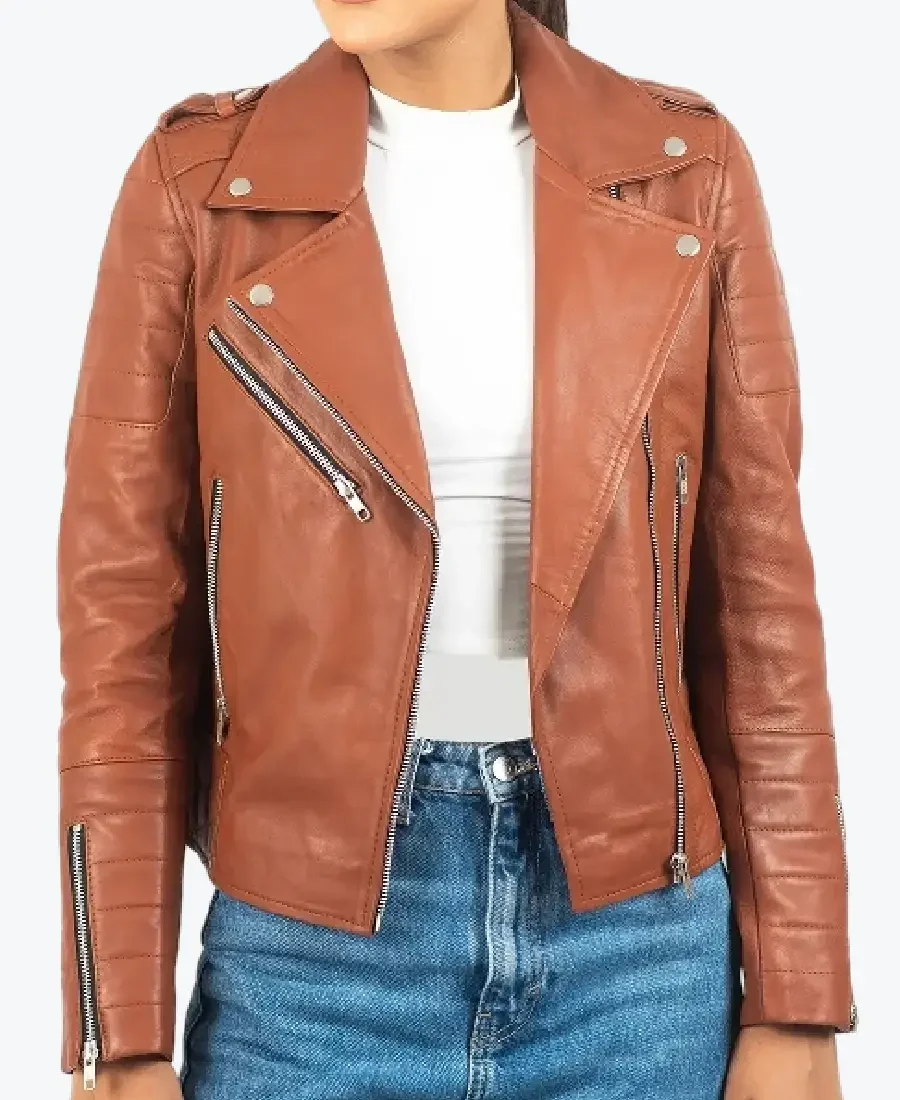 Elaine Women’s Brown Leather Biker Jacket - Rare Jackets