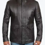 Men’s Long Black Biker Leather Jacket Front