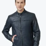 Men's Navy Leather Biker Jacket