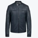 Men's Navy Leather Biker Jacket Front