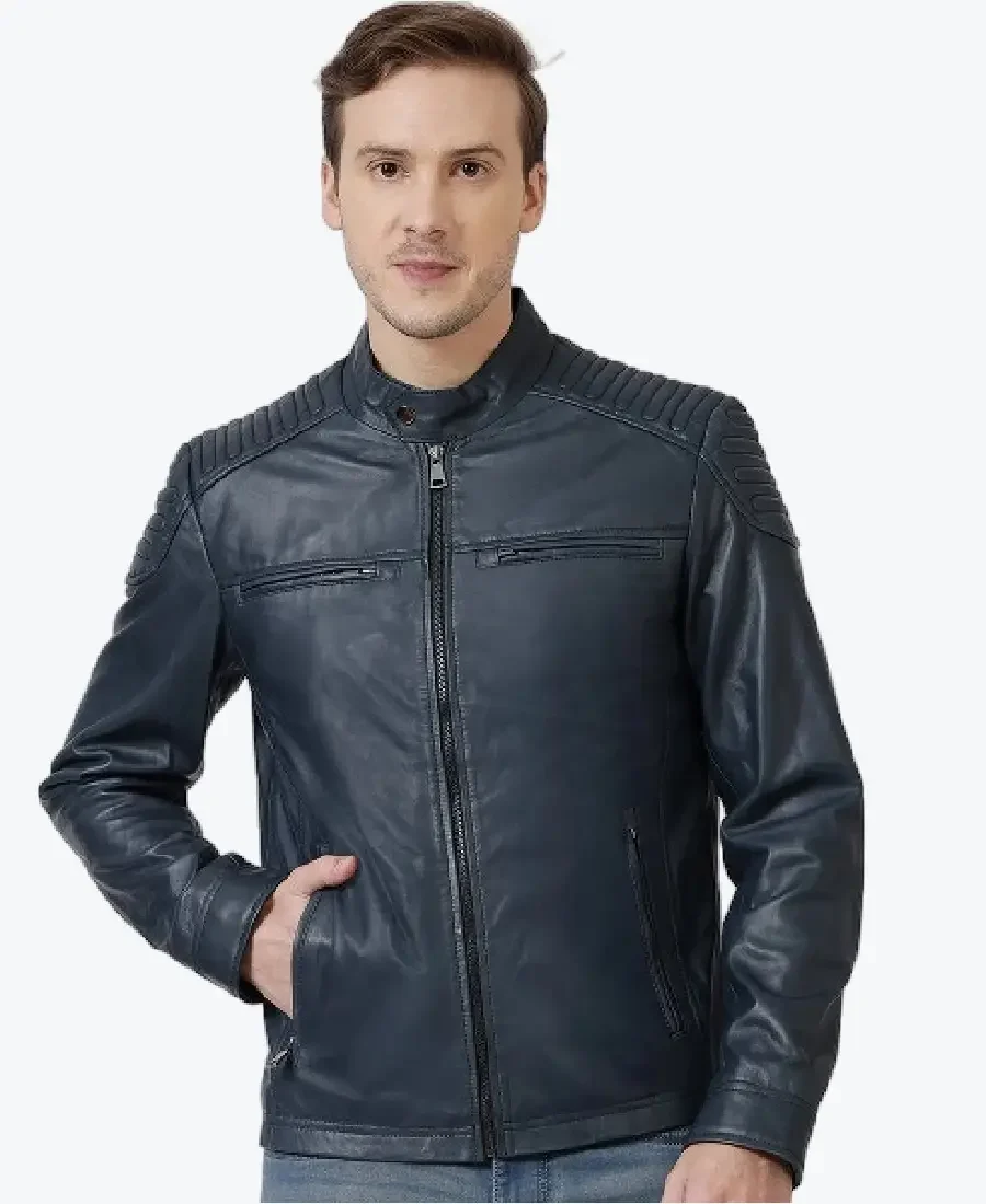 Men's Navy Leather Biker Jacket
