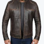 Navarro Dark Brown Cafe Racer Leather Jacket Front - Rare Jackets