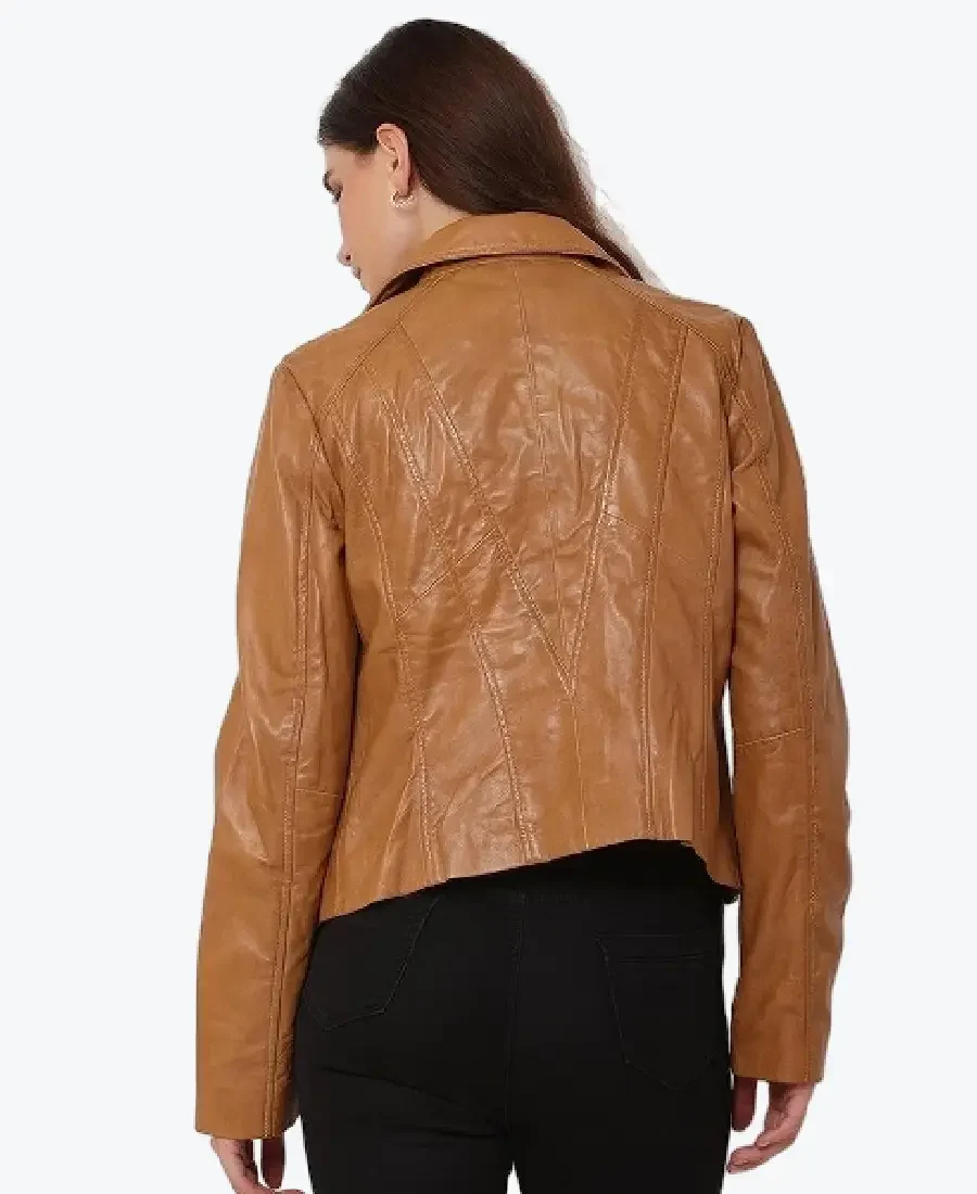 Shop The Women Cognac Brown Leather Biker Jacket - Rare Jackets