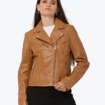 Women Cognac Brown Leather Biker Jacket - Rare Jackets