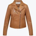 Women Cognac Brown Leather Biker Jacket Front - Rare Jackets