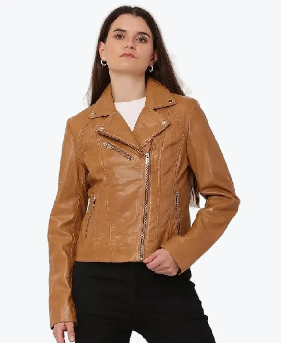 Women Cognac Brown Leather Biker Jacket - Rare Jackets